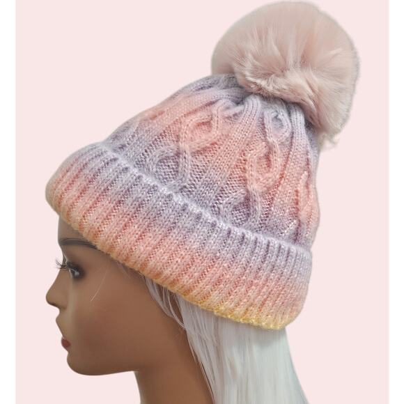 Cap Beanie Mulitcolor Pastel Lined Inside with Ball on top - Picture 6 of 6